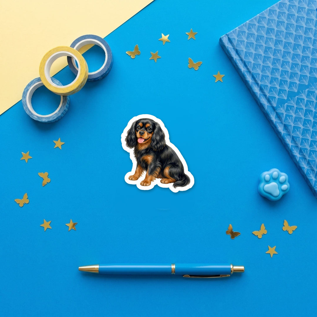 Cavalier King Charles Spaniel Black and Tan watercolor 3 inch fridge magnet flat lay with blue stationery