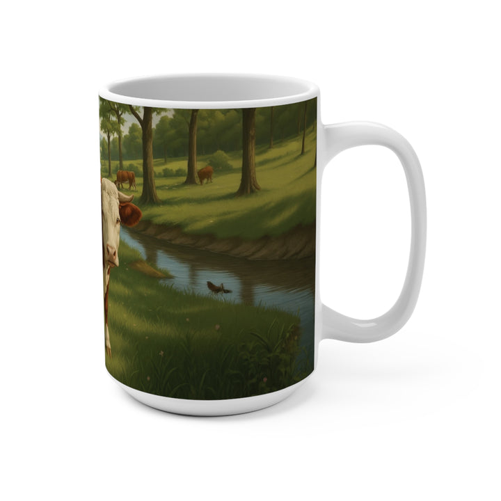 Pastoral Cows in Meadow Scenic Coffee Cup - 15oz Ceramic Mug - Designs by Mysh