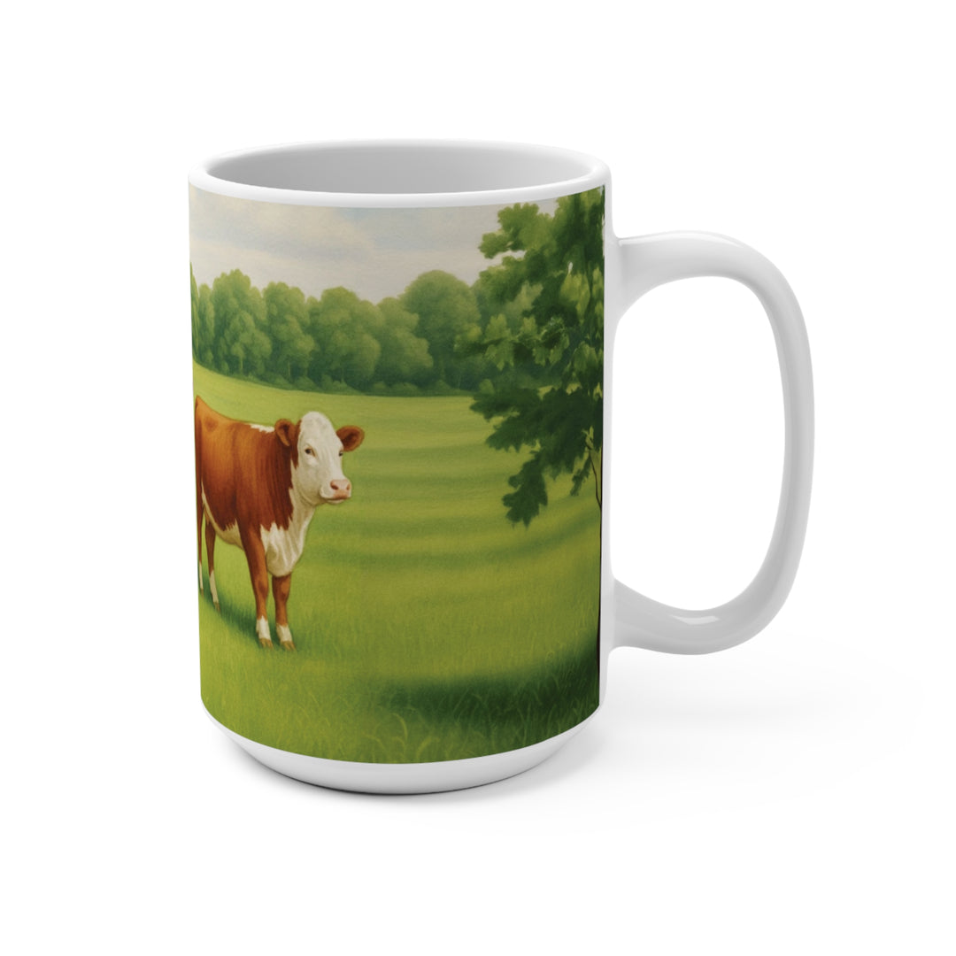 Farmhouse Cow Pasture 15oz Ceramic Mug - Side view - Designs by Mysh