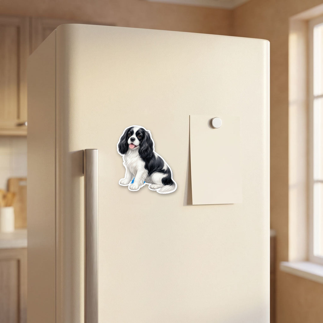 Cavalier King Charles Spaniel Black and White watercolor magnet on a refrigerator door