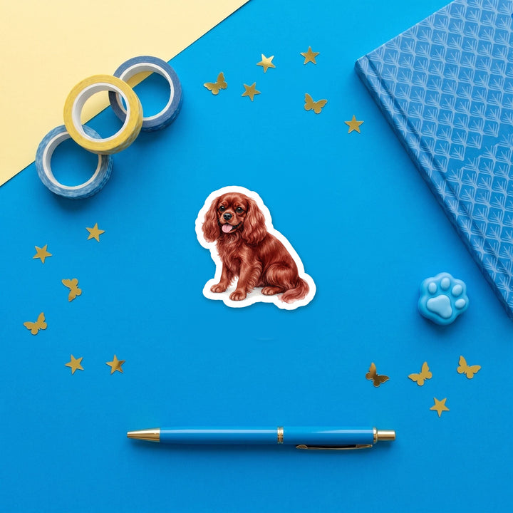 Cavalier King Charles Spaniel Ruby watercolor 3 inch fridge magnet flat lay with blue stationery