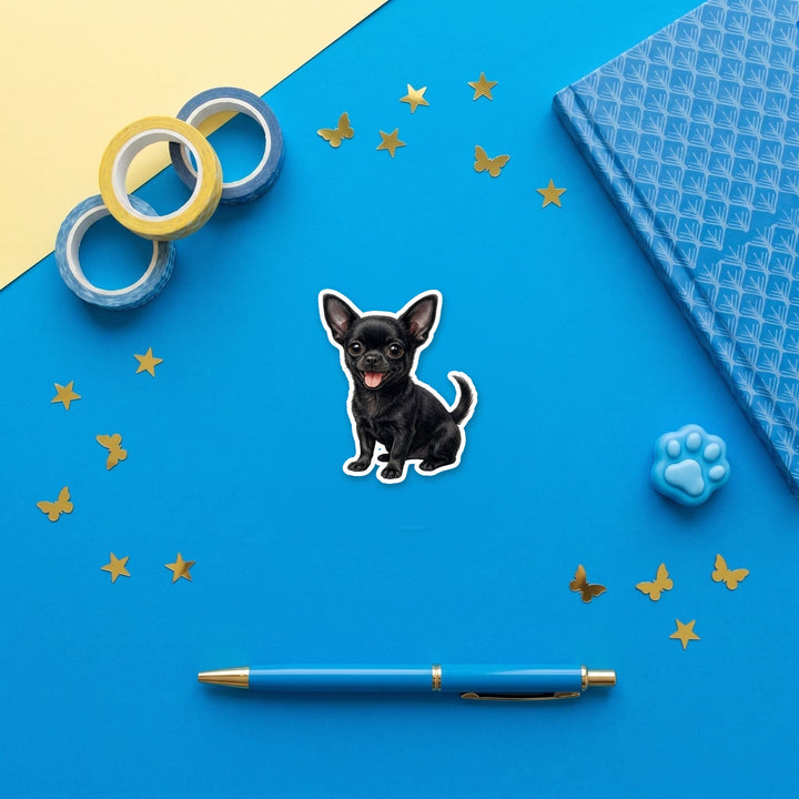Chihuahua Black watercolor 3 inch fridge magnet flat lay with blue stationery