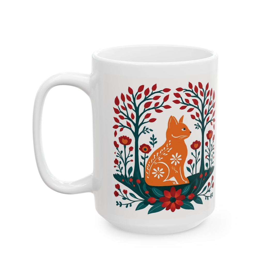 Mug - Folk Art Orange Fox Ceramic Mug (15oz) - Designs by Mysh