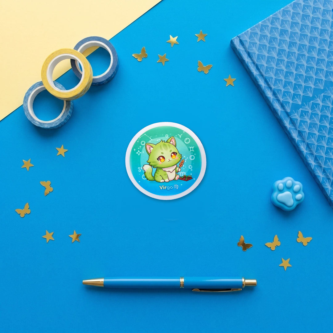 Zodiac Virgo Cat 3 inch fridge magnet flat lay with blue stationery