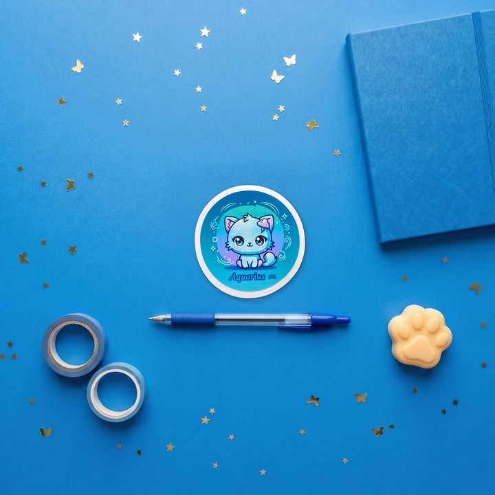 Zodiac Aquarius Cat 3 inch fridge magnet flat lay with blue stationery