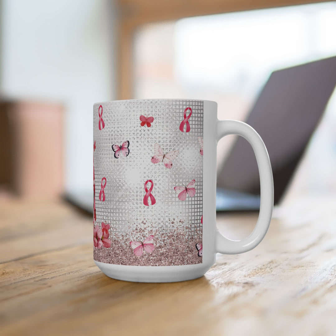 Pink Ribbon and Butterflies 15oz Ceramic Mug - Additional view - Designs by Mysh