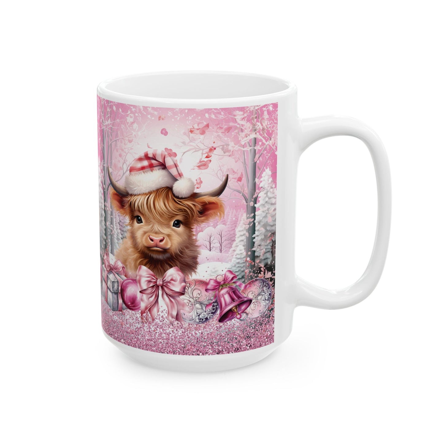 Pink Christmas Highland Cow Ceramic Mug — Festive Holiday Cow Mug (15oz)