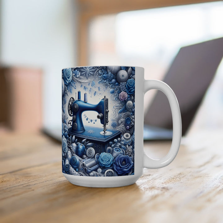 Blue Sewing Machine 15oz Ceramic Mug - Front view - Designs by Mysh