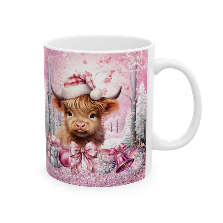 Pink Christmas Highland Cow Ceramic Mug — Festive Holiday Cow Mug (15oz)