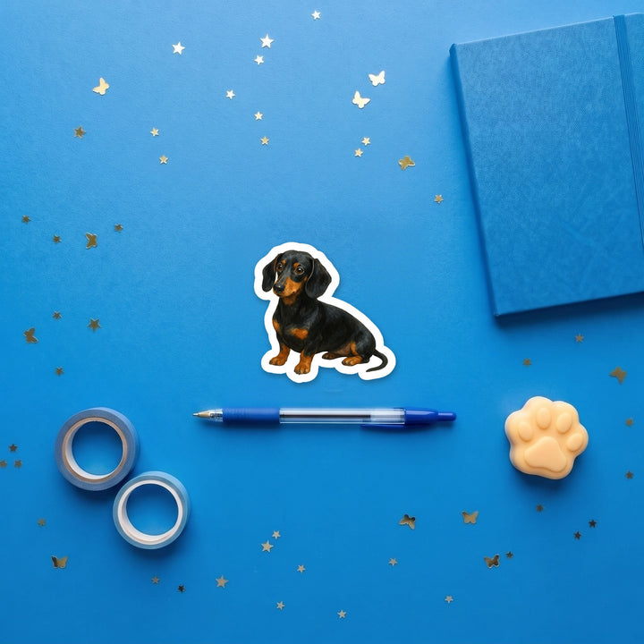 Dachshund Black and Tan watercolor 3 inch fridge magnet flat lay with blue stationery