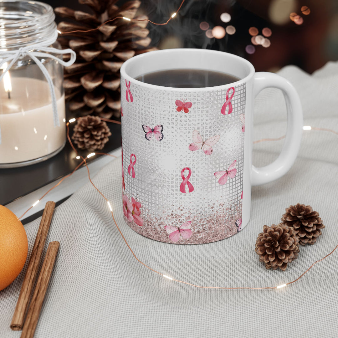 Pink Ribbon &amp; Butterflies Ceramic Mug – Breast Cancer Awareness Gift (15oz)