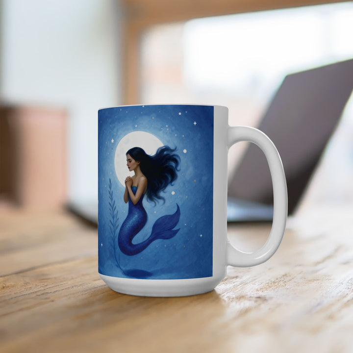 Blue Ethereal Mermaid 15oz Ceramic Mug - Front view - Designs by Mysh