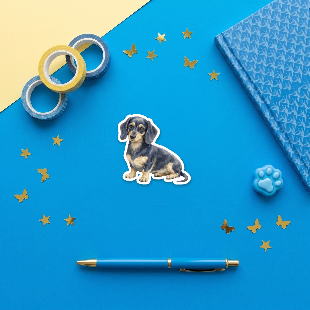 Dachshund Blue and Cream watercolor 3 inch fridge magnet flat lay with blue stationery