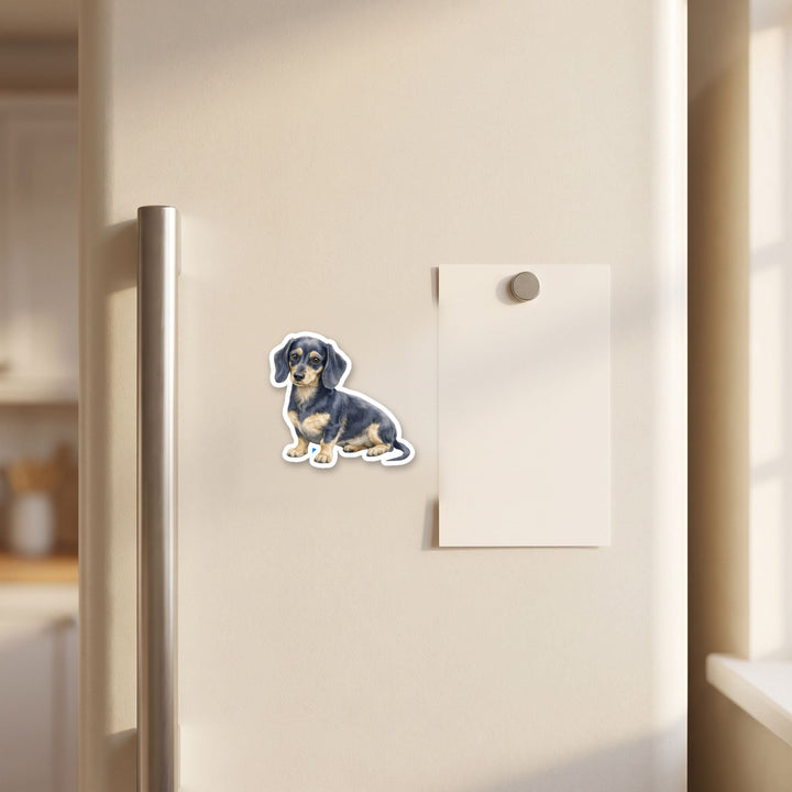 Dachshund Blue and Cream watercolor magnet on a refrigerator door