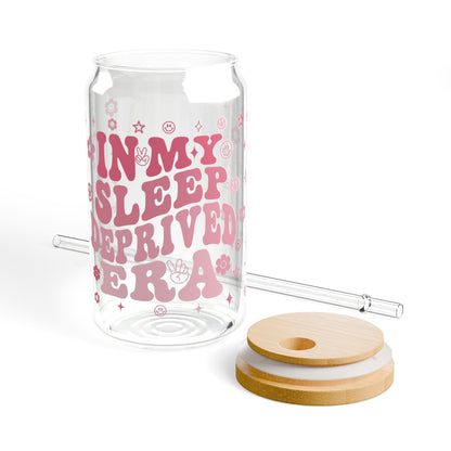 Sipper Glass, 16oz - Sleep Deprived Era Pink Wording Stars Happy Faces Design