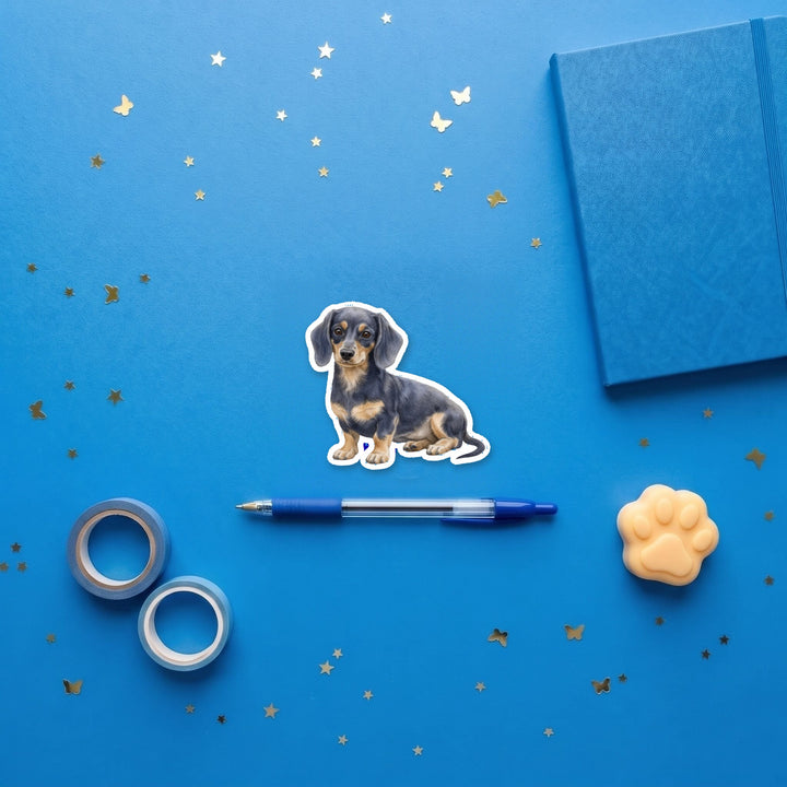 Dachshund Blue and Tan watercolor 3 inch fridge magnet flat lay with blue stationery