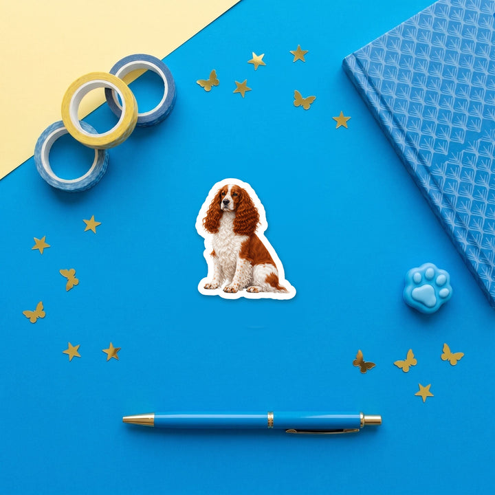English Cocker Spaniel Red 3 inch fridge magnet flat lay with blue stationery
