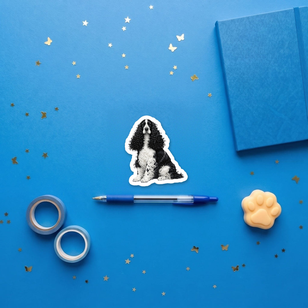 English Cocker Spaniel Black and White 3 inch fridge magnet flat lay with blue stationery