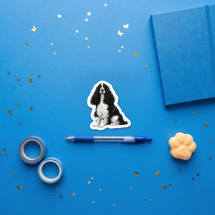 English Cocker Spaniel Black and White 3 inch fridge magnet flat lay with blue stationery