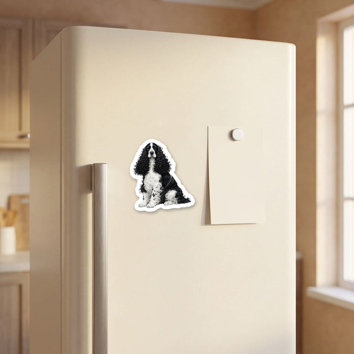 English Cocker Spaniel Black and White magnet on a refrigerator door