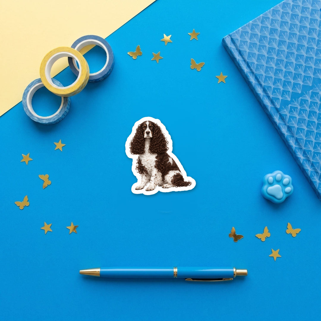 English Cocker Spaniel Liver and White 3 inch fridge magnet flat lay with blue stationery