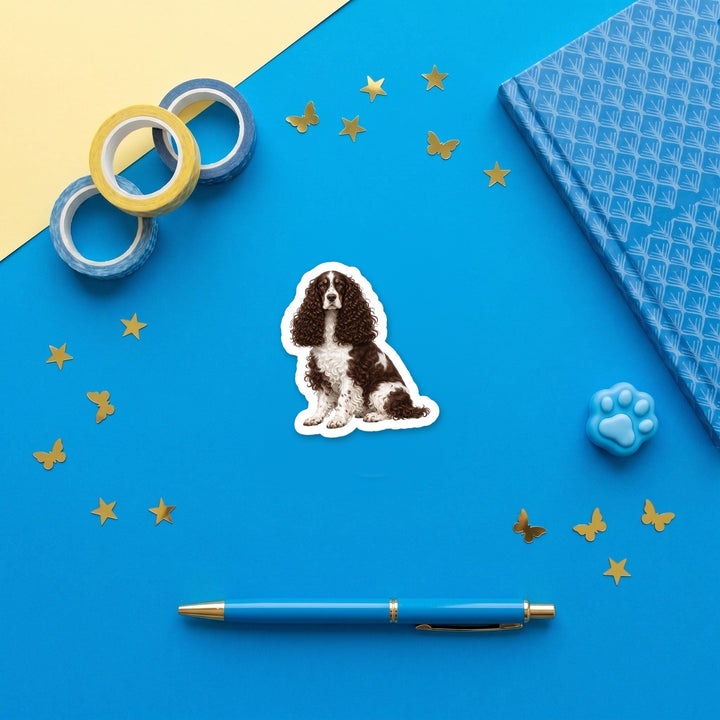 English Cocker Spaniel Liver and White 3 inch fridge magnet flat lay with blue stationery