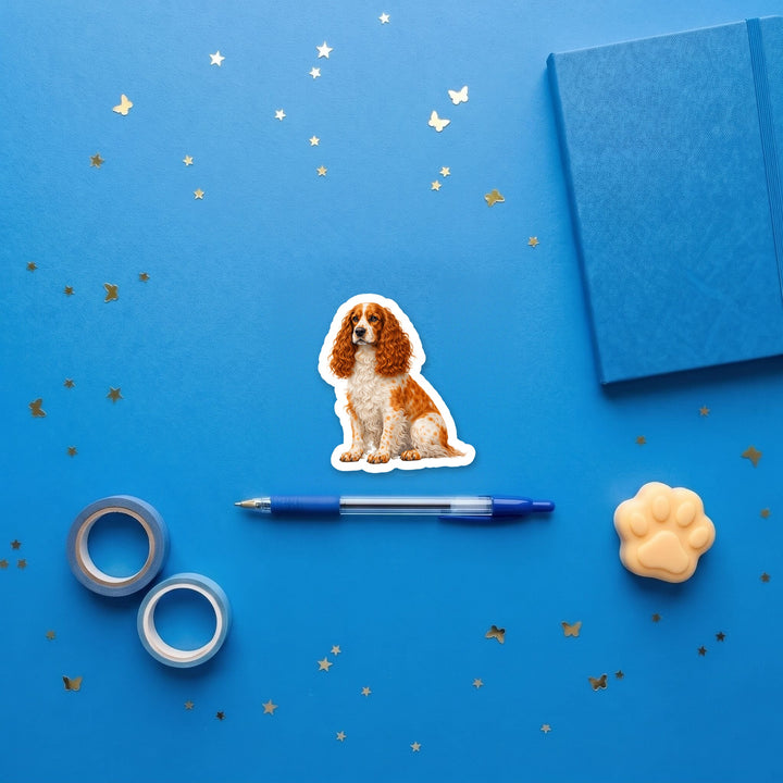 English Cocker Spaniel Orange and White 3 inch fridge magnet flat lay with blue stationery