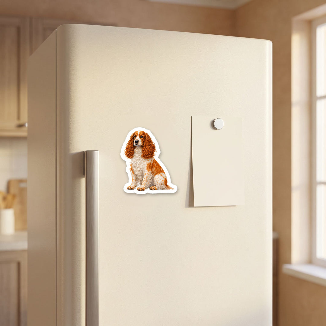 English Cocker Spaniel Orange and White magnet on a refrigerator door