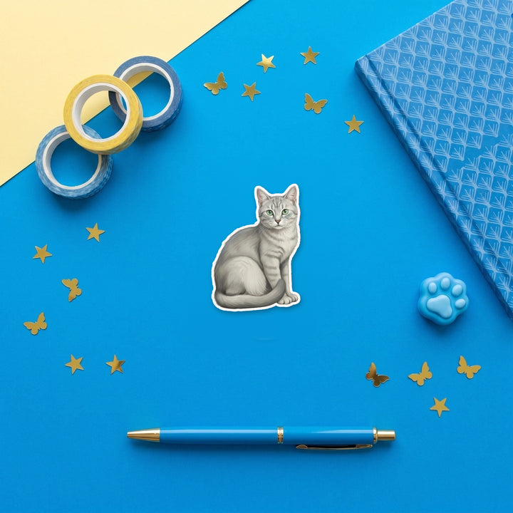 Russian Blue Cat watercolor 3 inch fridge magnet flat lay with blue stationery
