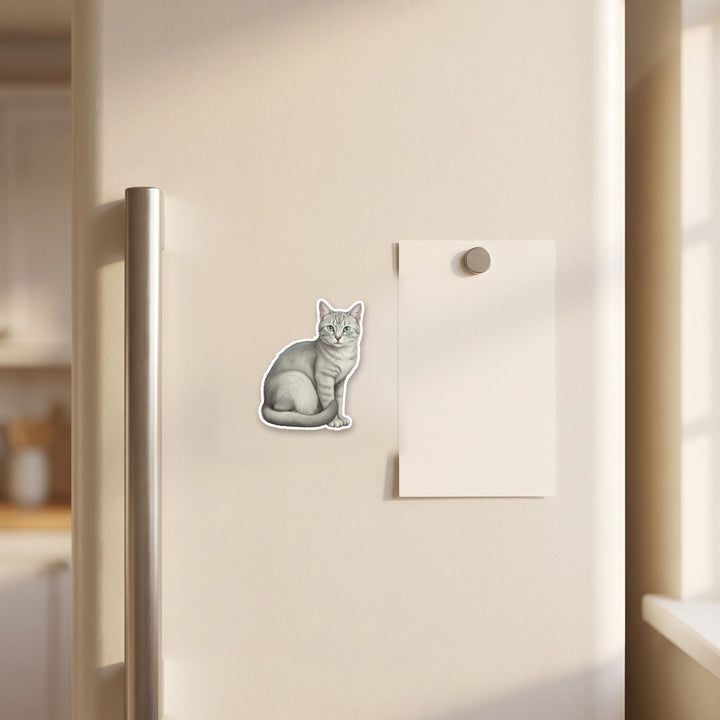 Russian Blue Cat watercolor magnet on a refrigerator door
