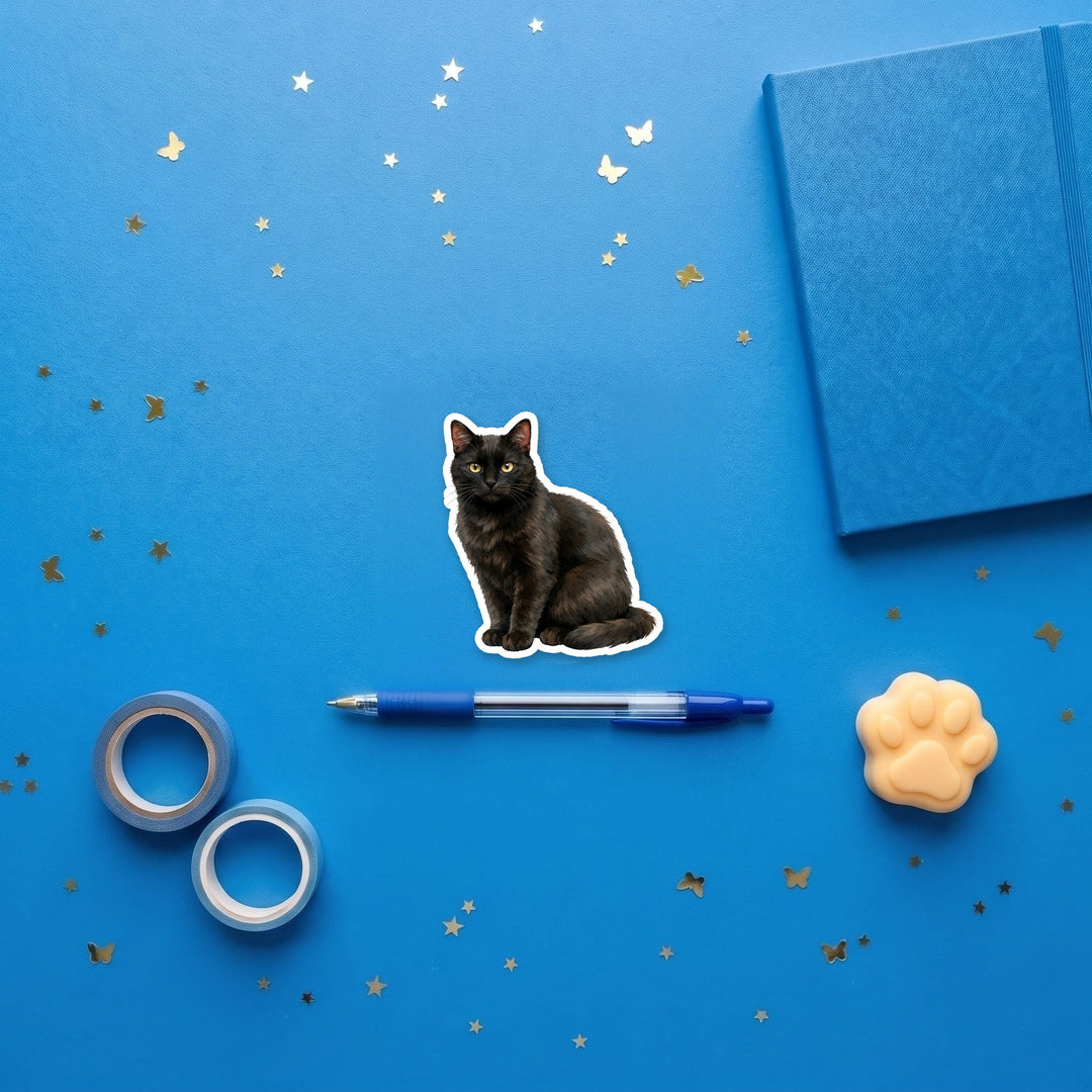 Witchy Black Cat watercolor 3 inch fridge magnet flat lay with blue stationery