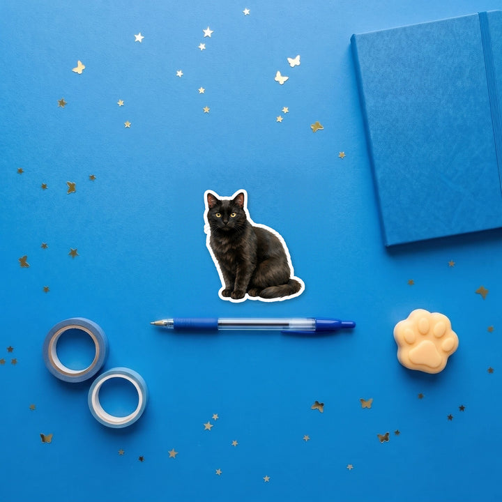 Witchy Black Cat watercolor 3 inch fridge magnet flat lay with blue stationery