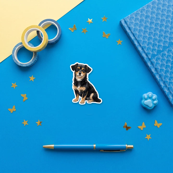 Chiweenie Black and Tan 3 inch fridge magnet flat lay with blue stationery