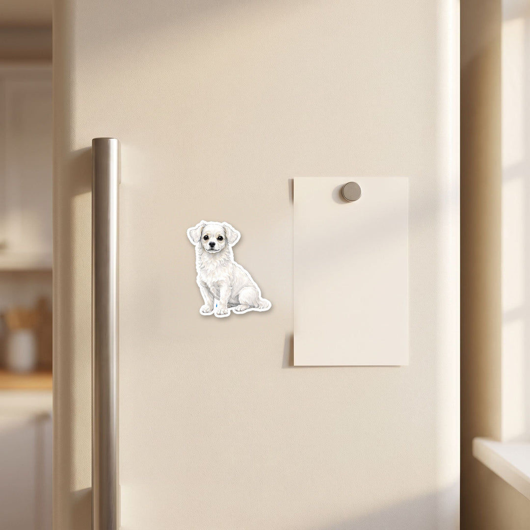 Chiweenie White watercolor magnet on a refrigerator door