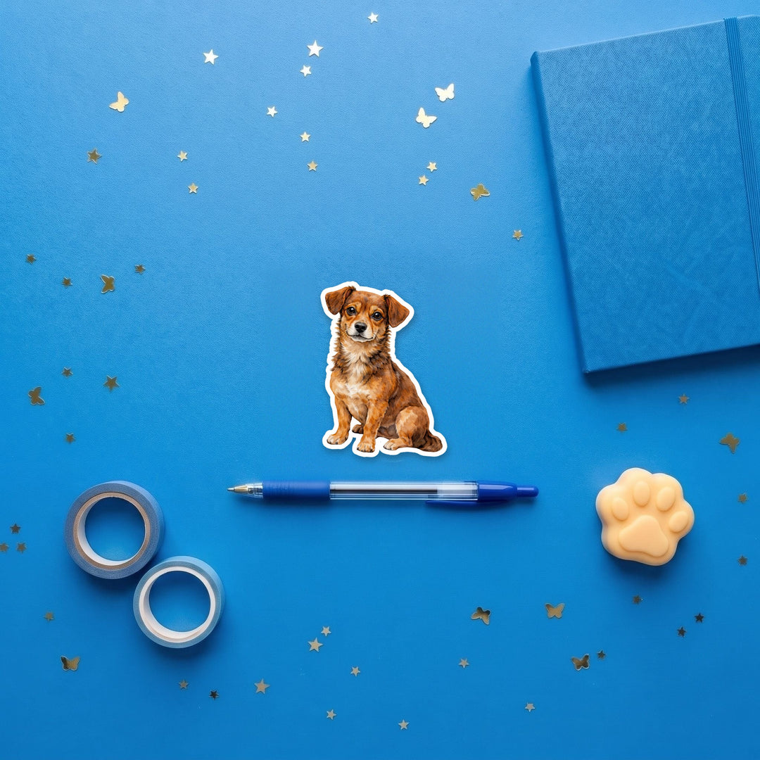 Chiweenie Brown watercolor 3 inch fridge magnet flat lay with blue stationery