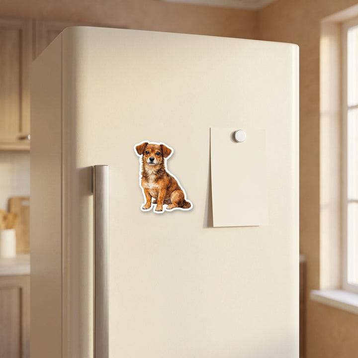 Chiweenie Brown watercolor magnet on a refrigerator door