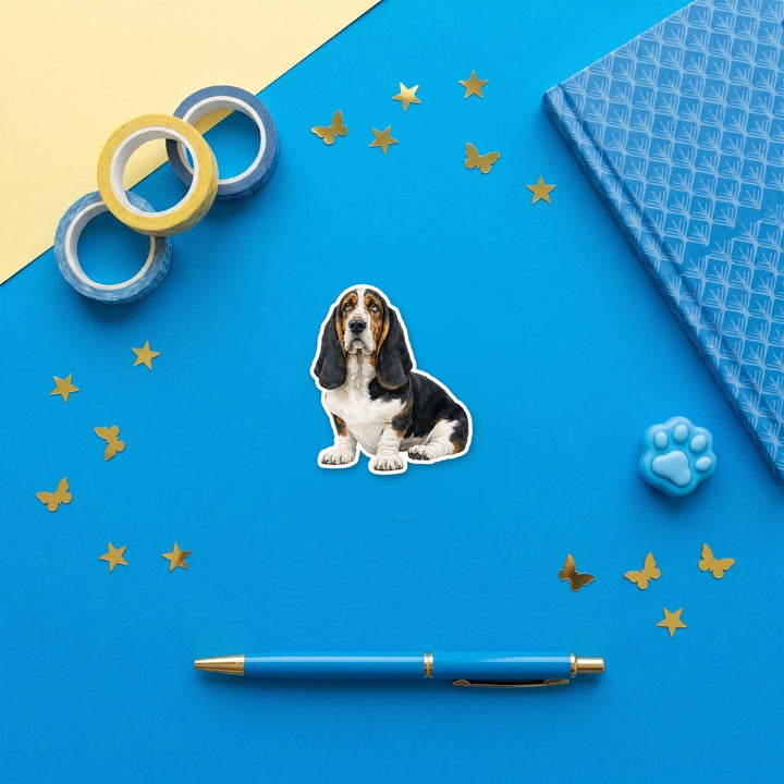 Basset Hound Black Tri watercolor 3 inch fridge magnet flat lay with blue stationery