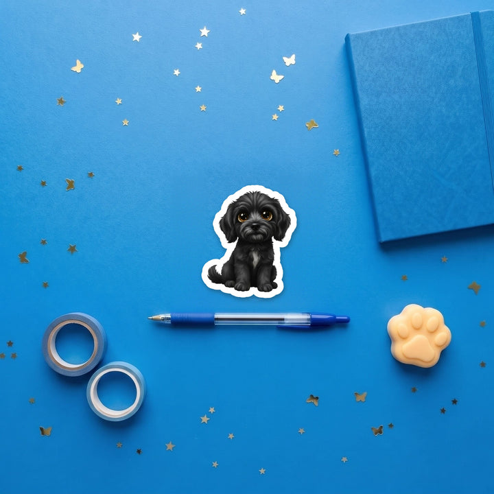 Goldendoodle Black kawaii 3 inch fridge magnet flat lay with blue stationery