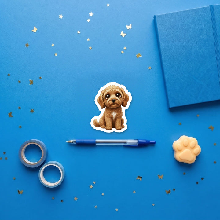 Goldendoodle Golden kawaii 3 inch fridge magnet flat lay with blue stationery