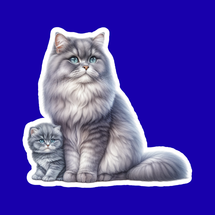 Illustration of a fluffy gray cat and kitten on a blue background