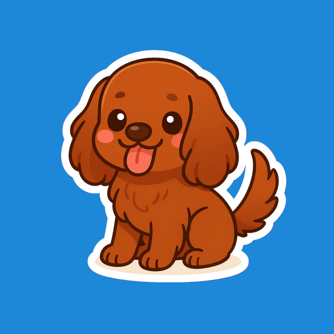 Cartoon brown dog with a happy expression on a blue background