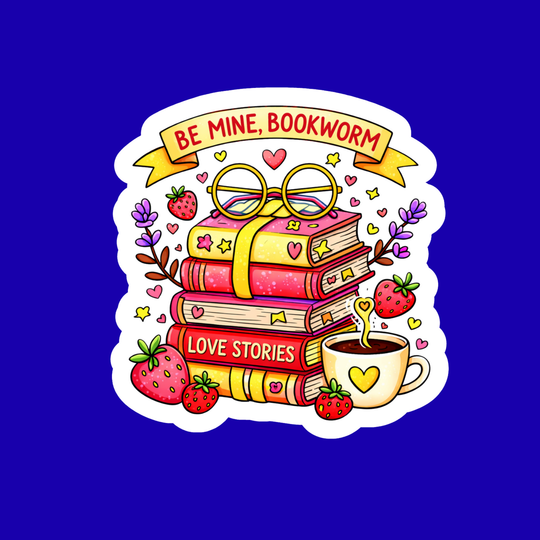Sticker design with books, coffee cup, and &