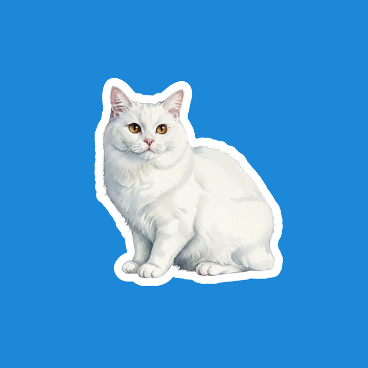 A die-cut sticker of a fluffy white cat with yellow eyes, shown against a solid blue background.