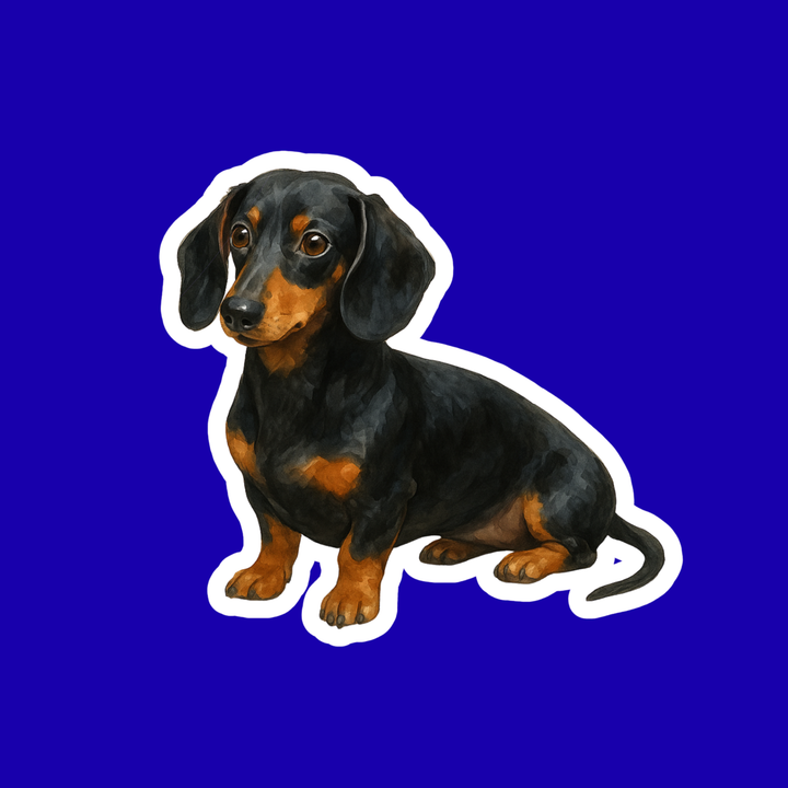 Sticker of a black and tan dachshund on a blue background