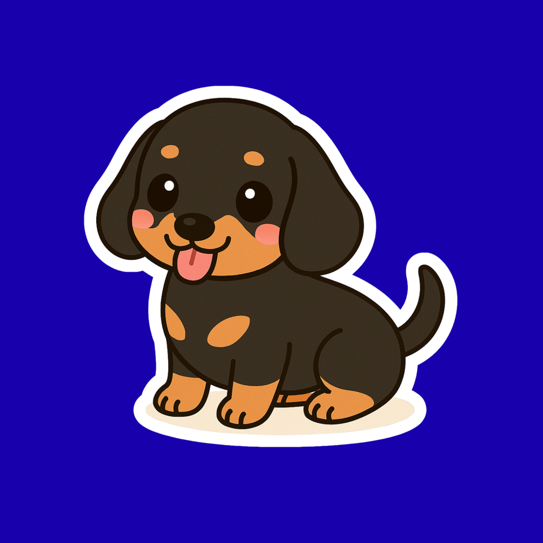 Cartoon dachshund with black and brown spots on a blue background