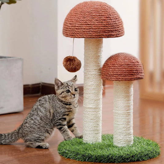 2 Mushrooms Cat Scratching Post 19" Sisal Claw Scratcher for Kittens and Small Cats, Brown - Designs by Mysh