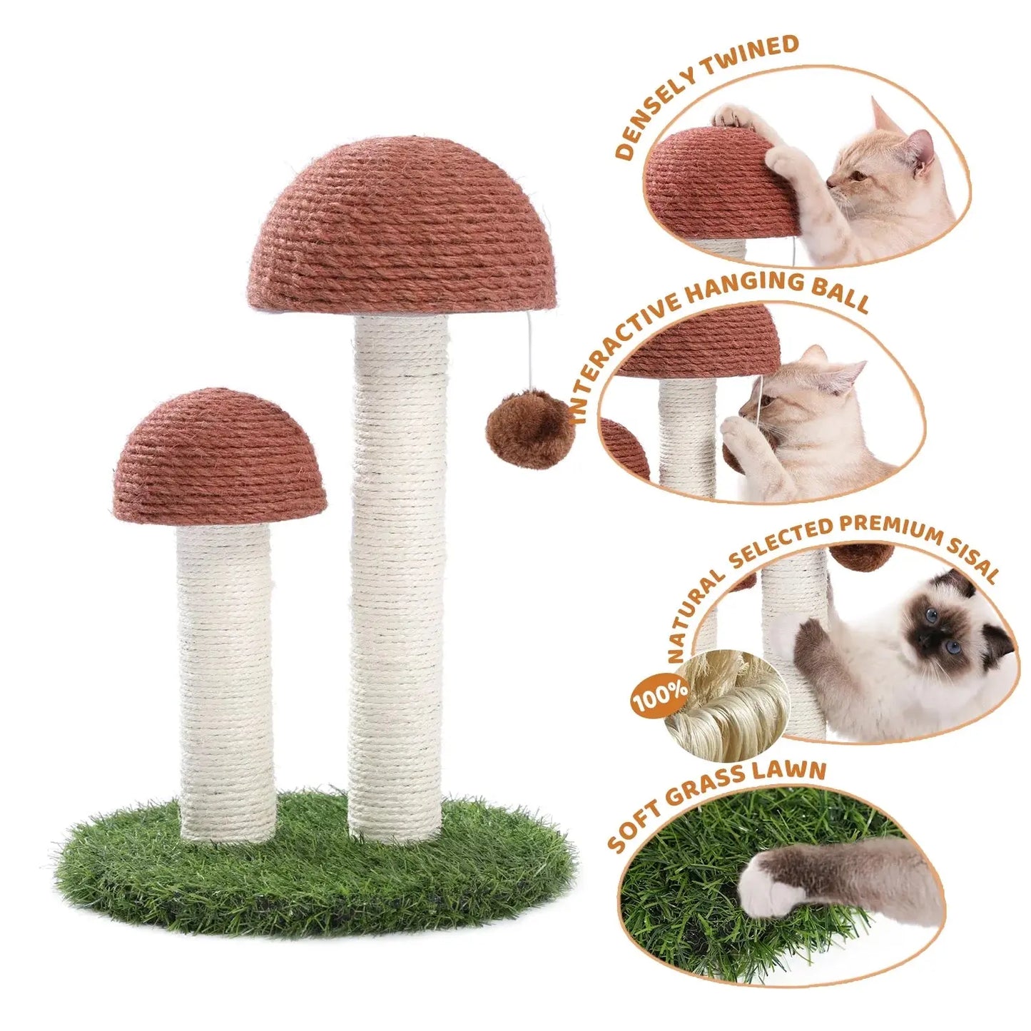 2 Mushrooms Cat Scratching Post 19" Sisal Claw Scratcher for Kittens and Small Cats, Brown - Designs by Mysh