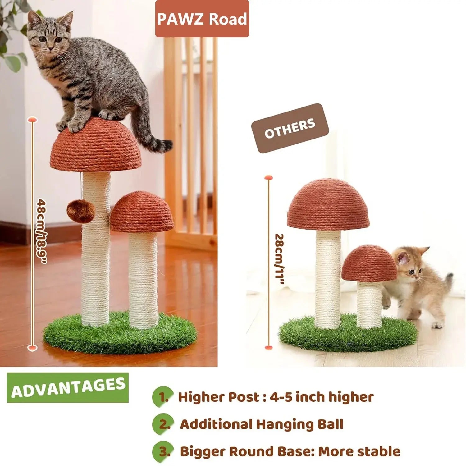 2 Mushrooms Cat Scratching Post 19" Sisal Claw Scratcher for Kittens and Small Cats, Brown - Designs by Mysh