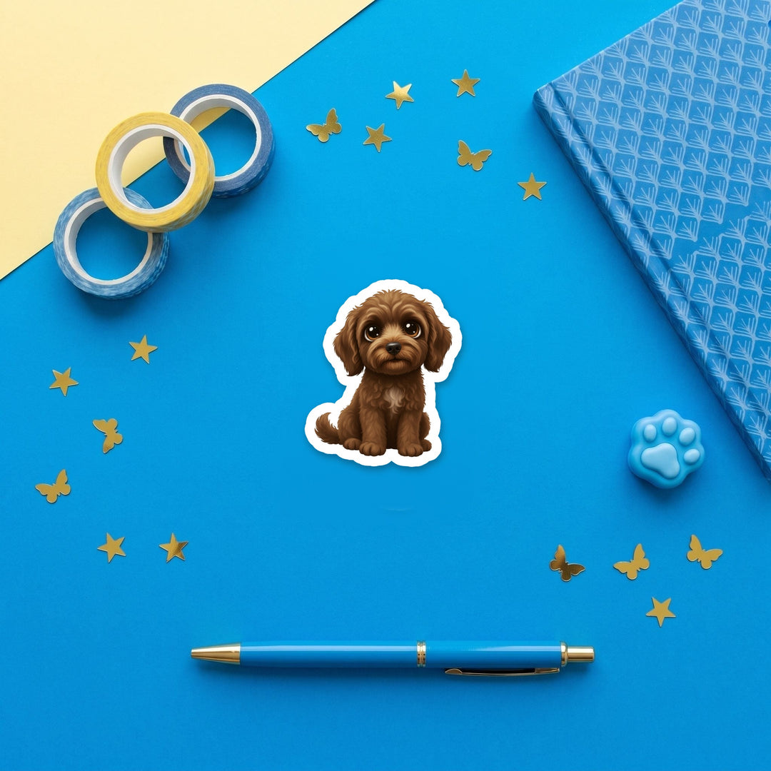 Goldendoodle Chocolate kawaii 3 inch fridge magnet flat lay with blue stationery