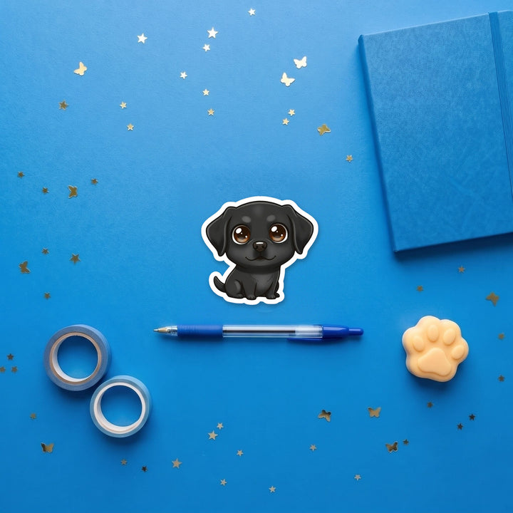 Labrador Retriever Black kawaii 3 inch fridge magnet flat lay with blue stationery